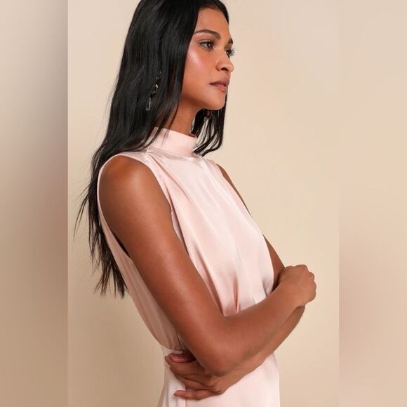 Lulus Classic Elegance Blush Satin Sleeveless Mock Neck Maxi Dress Small NEW - Picture 3 of 15